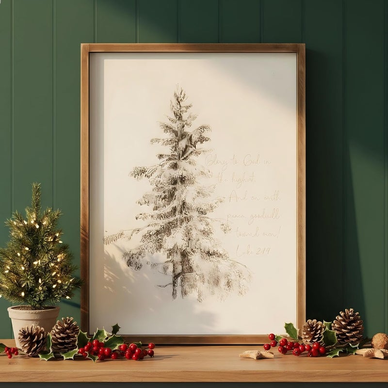 Ronasip Vintage Framed Christian Wall Art - Sketch Pine Trees Biblical Painting With Scripture 'Glory To God In The Highest' -Rustic Wall Sign, Winter Scene Wall Art Decor, Home Decor (16"x24", Brown) - Image 2